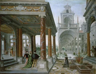 Capriccio di architettura di palazzo con figure che passeggiano, 1596